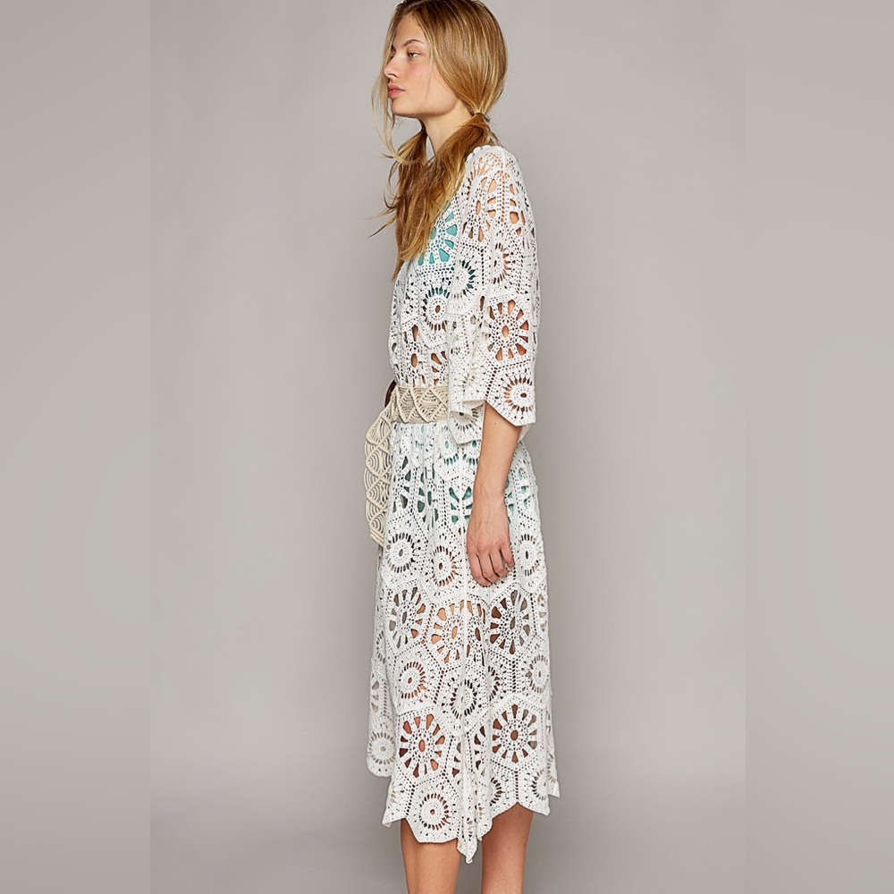 239. POL LAST 1! Cover Up Dress Women's Oversized White Crochet Crewneck - Picture 4 of 4